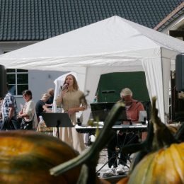 Mats och Frida spelar och sjunger på intresseföreningens höstmarknad 2022 med folkvimmel i bakgrunden och pumpor i förgrunden